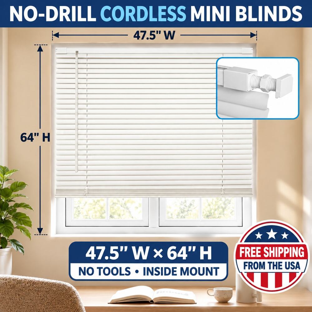 No-Drill Cordless Horizontal Mini Blinds – 47.5" W x 64" H Tool-Inside Mount ...
